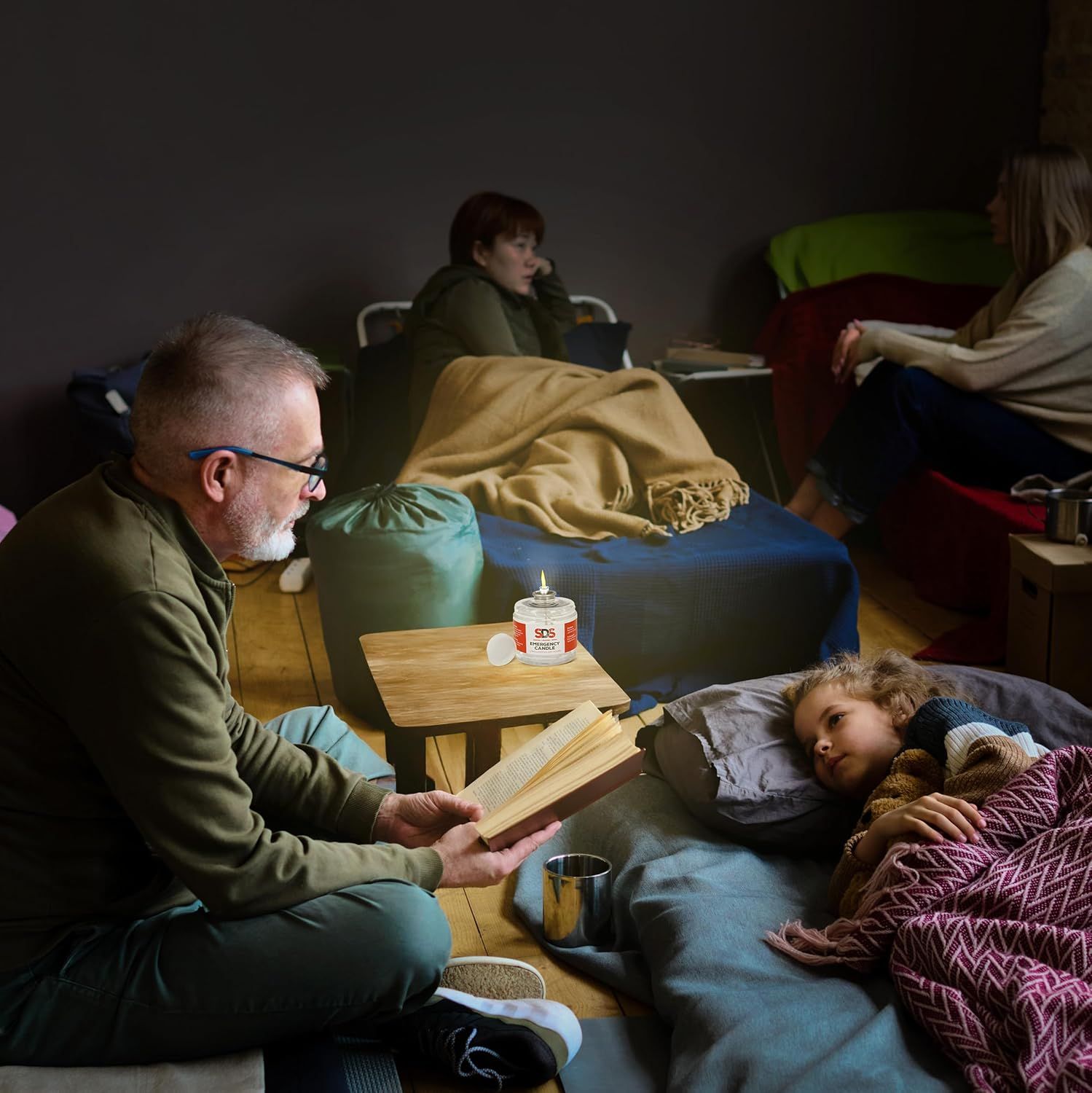 Shows the product in use during a family emergency or power outage situation, demonstrating its practical value for household preparedness.