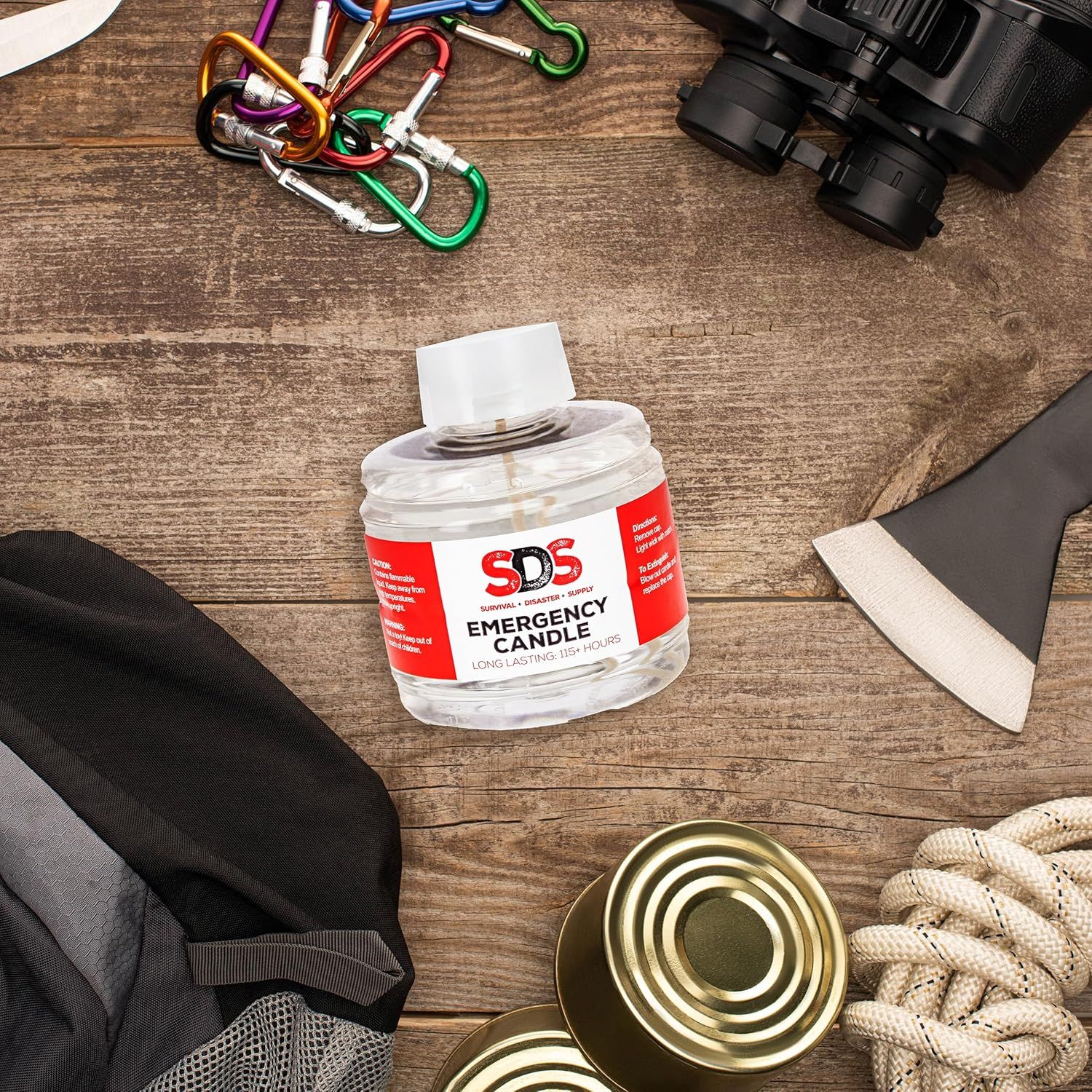 Shows the product as part of outdoor survival and emergency preparedness gear, demonstrating its versatility for camping, hiking, and disaster scenarios.