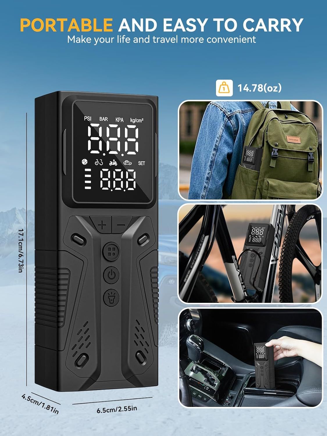 Shows the product's physical dimensions and lightweight design to reassure shoppers it is portable and easy to carry for travel and storage. Communicates the convenience benefit of portability for…