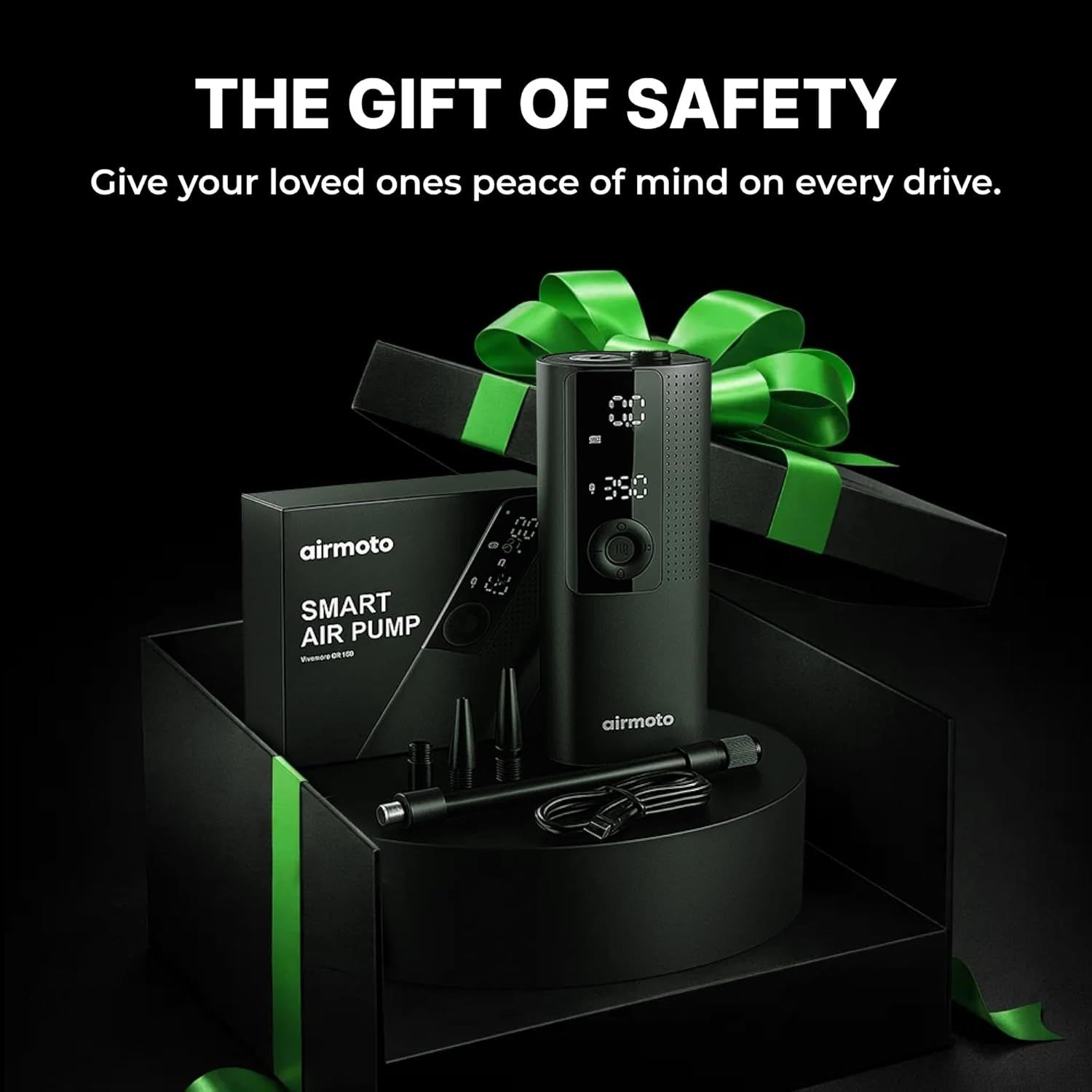 Positions the product as a thoughtful safety gift for loved ones, with gift packaging and ribbon emphasizing the gifting occasion. Shows everything included in the package: the air pump, box,…