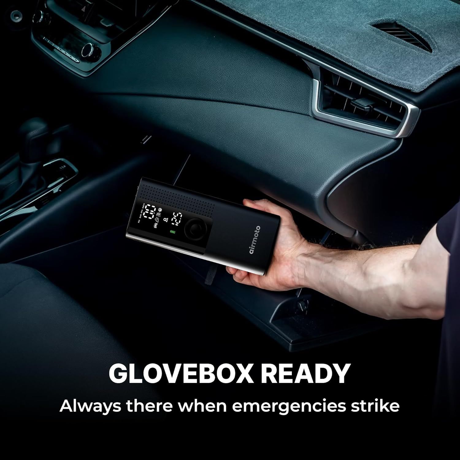 Demonstrates the product's compact size and convenient storage in a car glovebox, emphasizing readiness for emergencies.