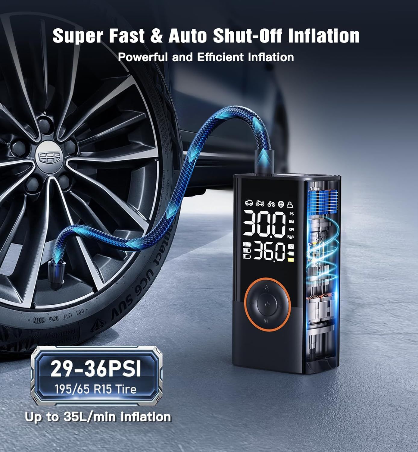 Communicates the product's fast inflation speed (35L/min) and auto shut-off feature to reassure shoppers of powerful and efficient performance. Emphasizes the convenience and efficiency of super…