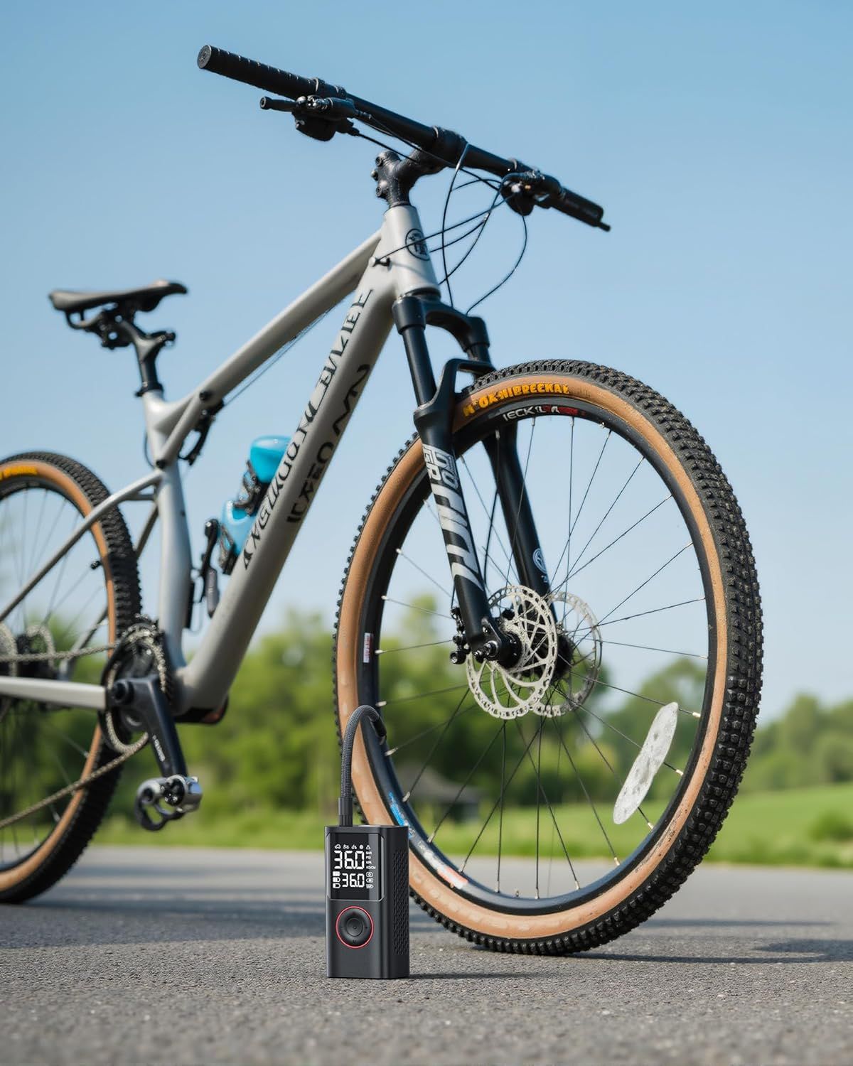 Shows the product in a real-world outdoor cycling context to help shoppers visualize its portability and practical use.