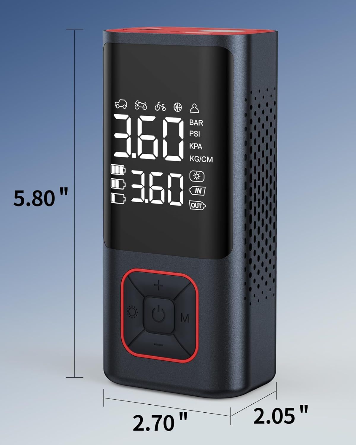 Shows the exact physical dimensions of the tire inflator (5.80 x 2.70 x 2.05 inches) to help shoppers understand its compact size and portability.