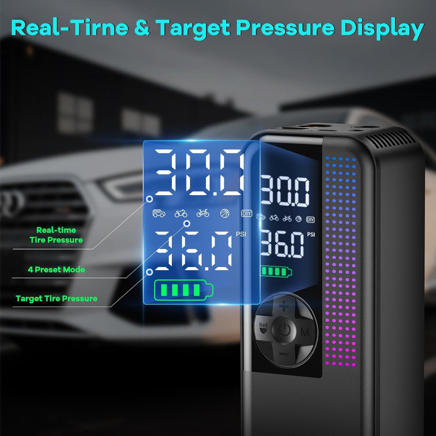 Breaks down the digital display interface and its functional components to help shoppers understand the product's monitoring and control features.
