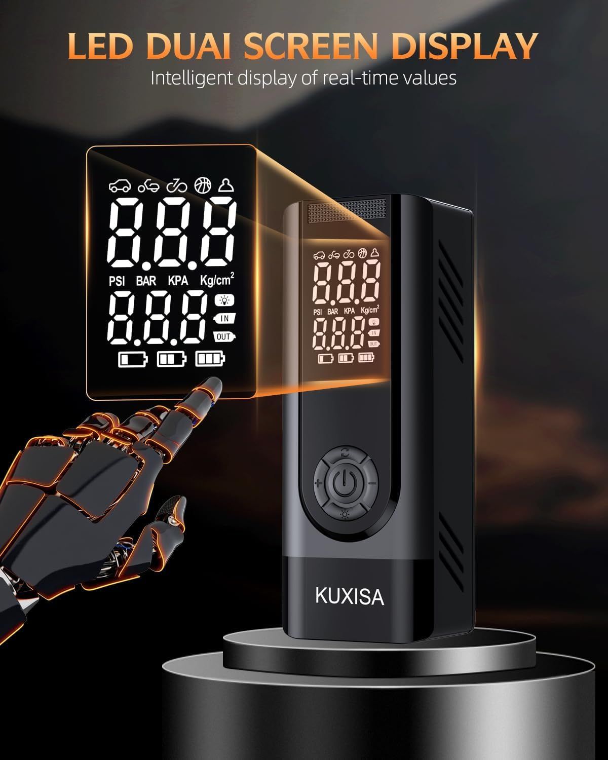 Highlights the intelligent LED dual screen display feature that shows real-time pressure values and settings, reassuring shoppers of ease of use and precision monitoring.