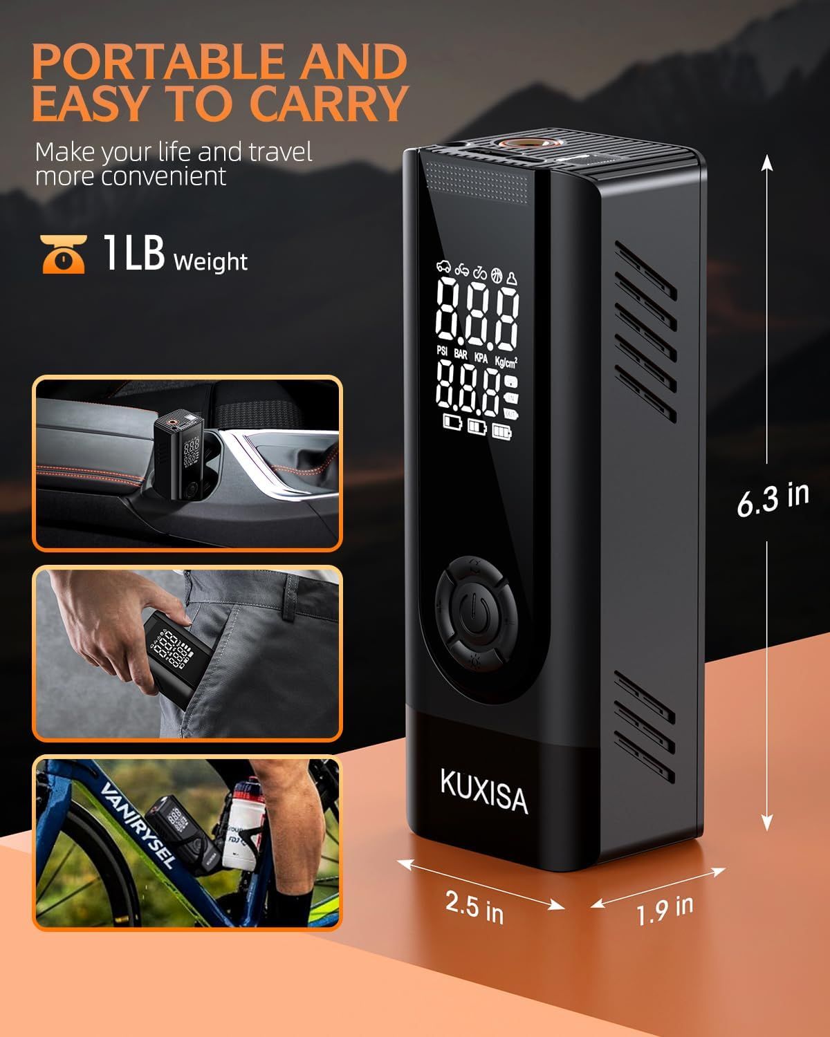 Shows the exact physical dimensions and 1LB weight of the tire inflator with visual scale references, reassuring shoppers of its portability and ease of storage. Communicates the portability benefit…