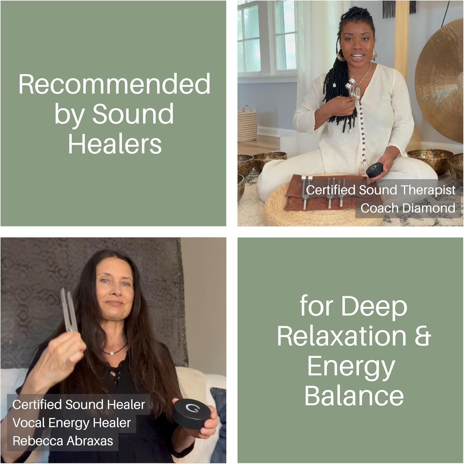 Builds trust and credibility by showing that certified sound healers and therapists recommend the product for deep relaxation and energy balance.