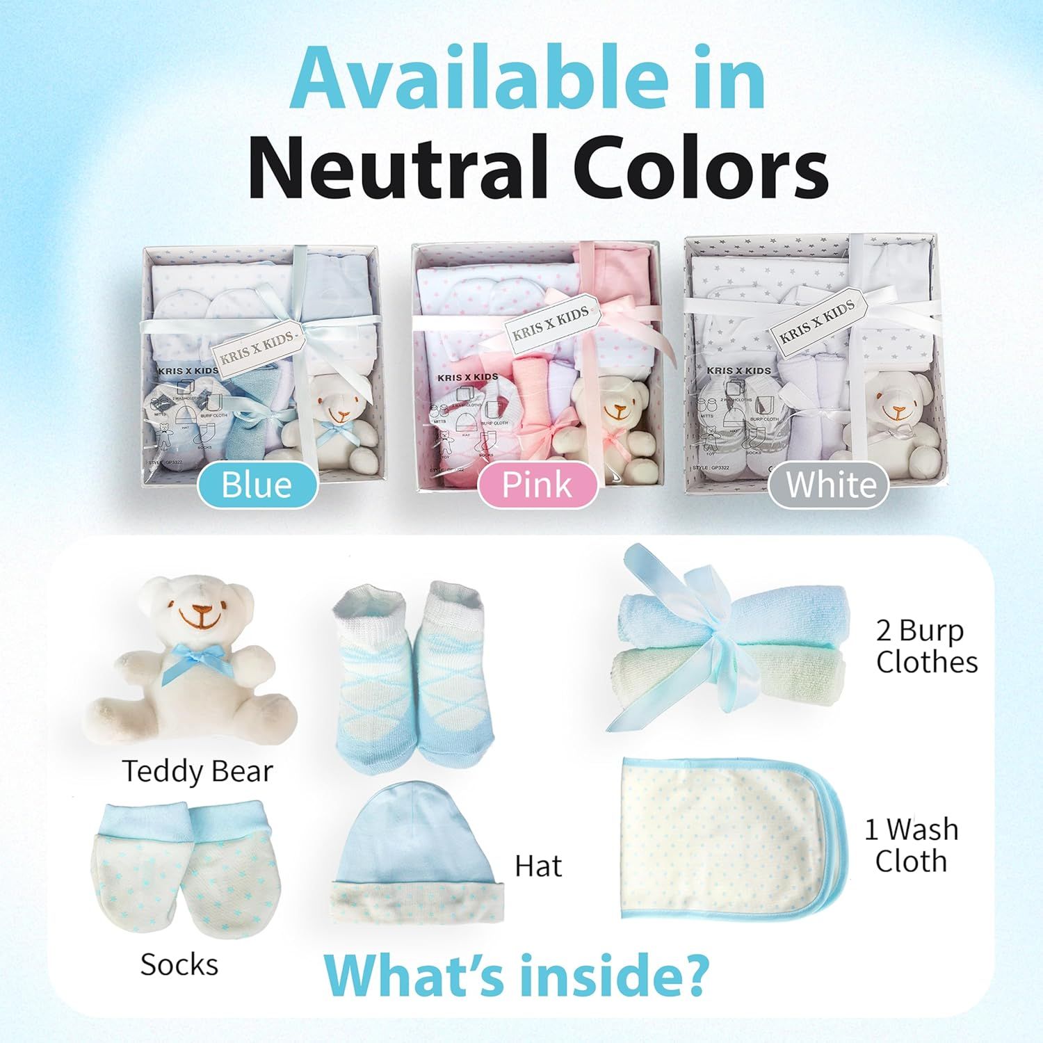 Shows the customer all available color options (Blue, Pink, White) and details what items are included in the baby essentials gift set. Displays the brand's product lineup with three color variants…