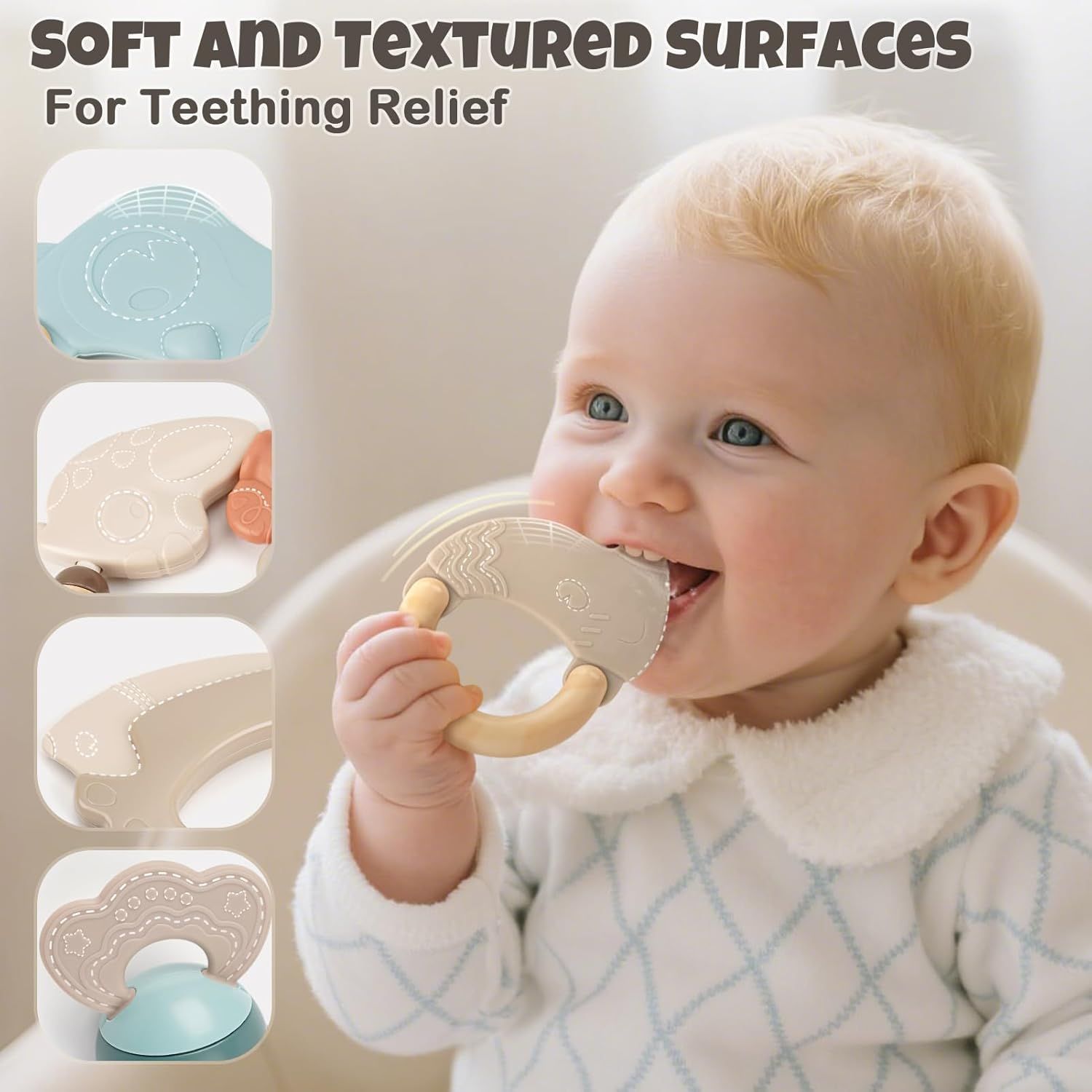 Highlights the various textured surfaces on the teething toys designed to provide teething relief for babies.