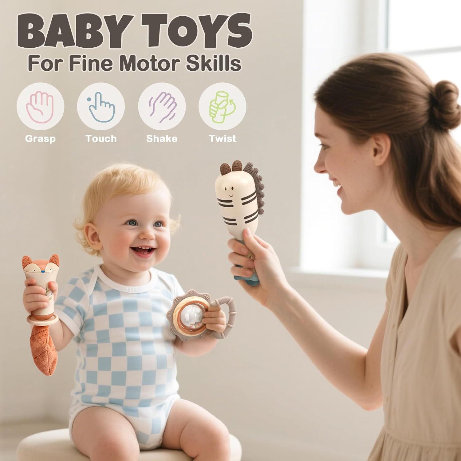 Highlights how the baby toys help develop fine motor skills including grasping, touching, shaking, and twisting.