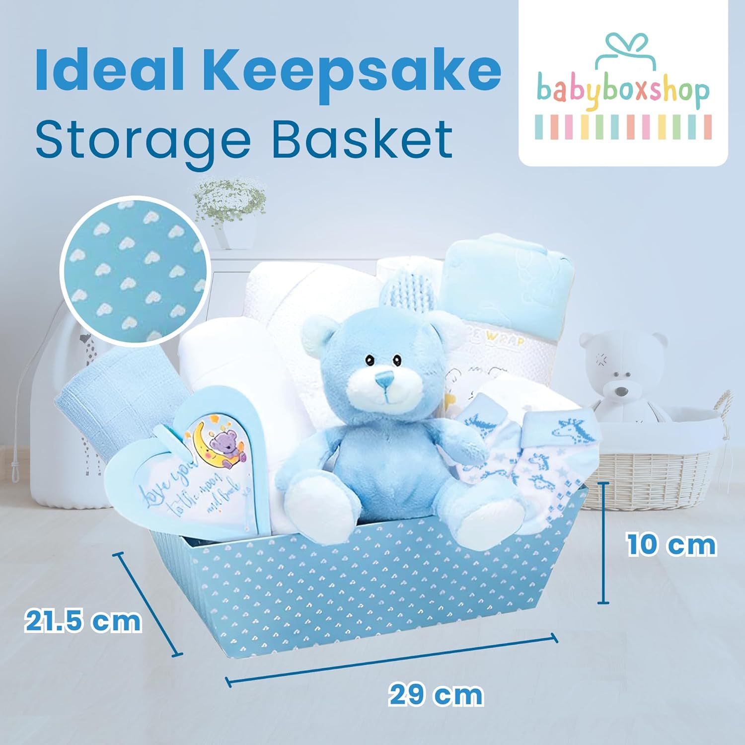 Provides exact measurements of the storage basket to help shoppers understand the physical size and storage capacity of the product. Emphasizes that the basket serves as a reusable keepsake storage…