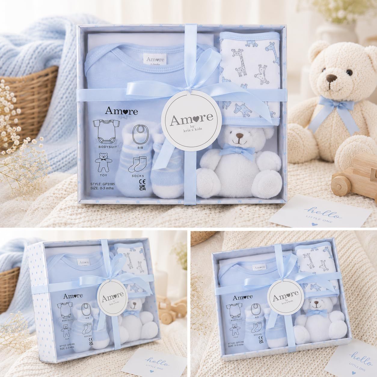 Displays the complete baby gift set from various perspectives to give shoppers a comprehensive view of all included items.