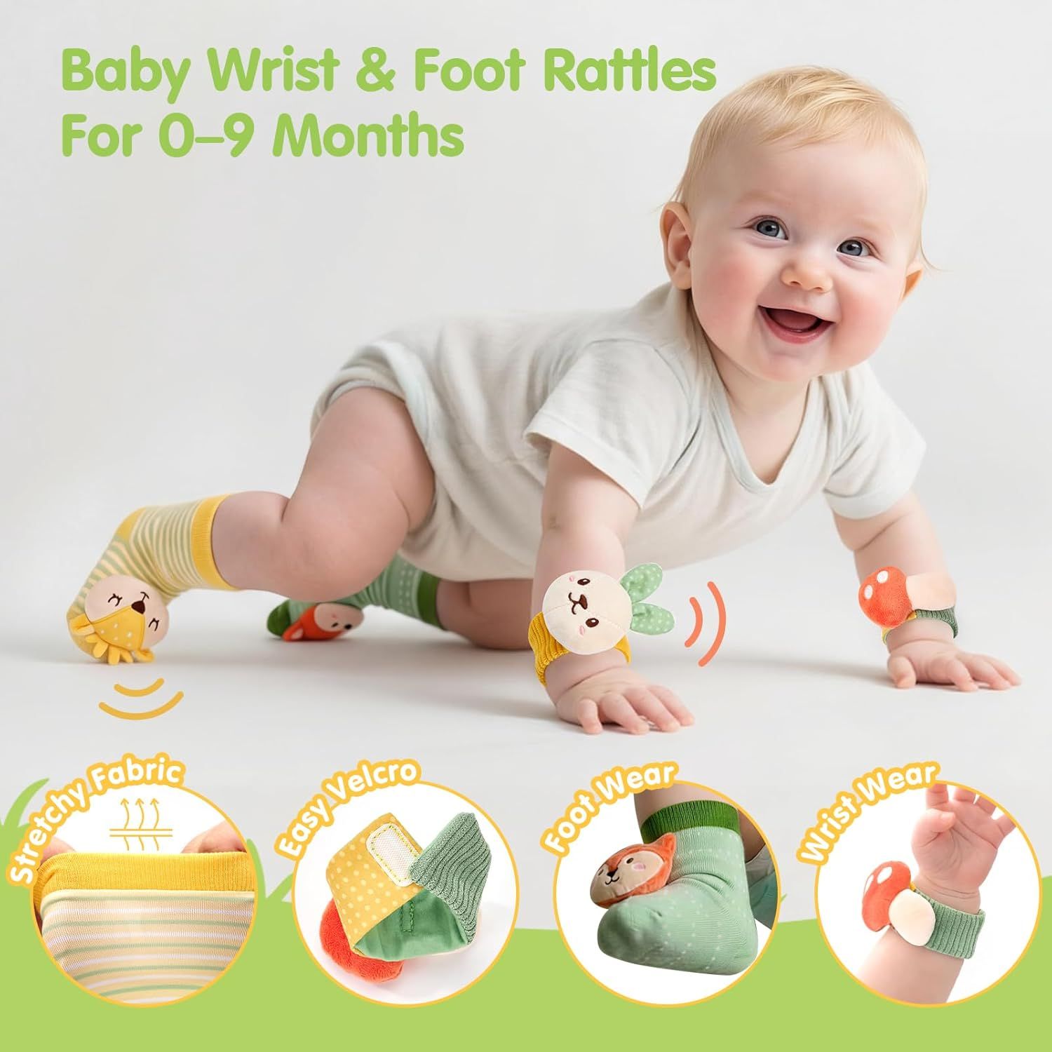 Showcases multiple features of the baby wrist and foot rattles through a segmented layout with callout circles highlighting different design elements and benefits.