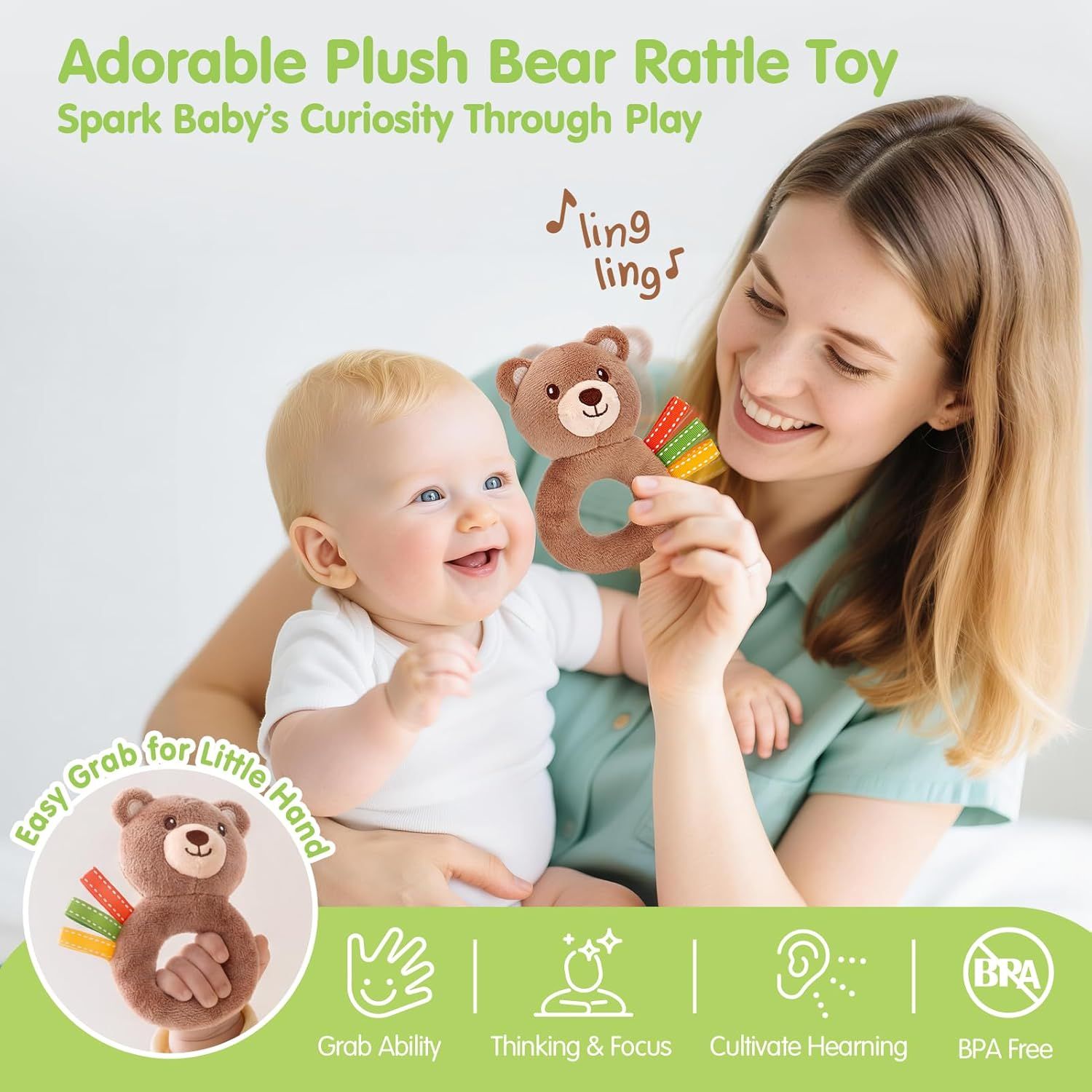 Highlights four developmental and safety benefits of the plush bear rattle toy through an icon-based segmented layout to reassure parents about the toy's educational value and safety.