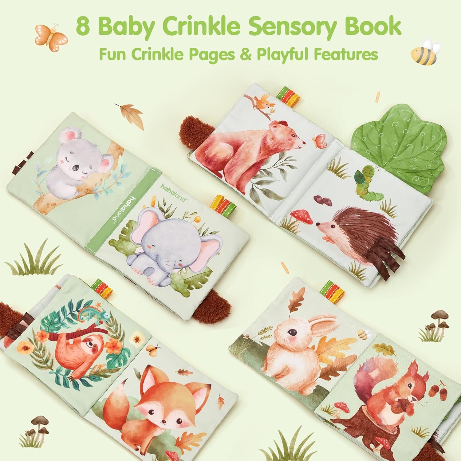 Highlights the sensory book's crinkle pages and playful features to communicate the engaging tactile experience for babies.
