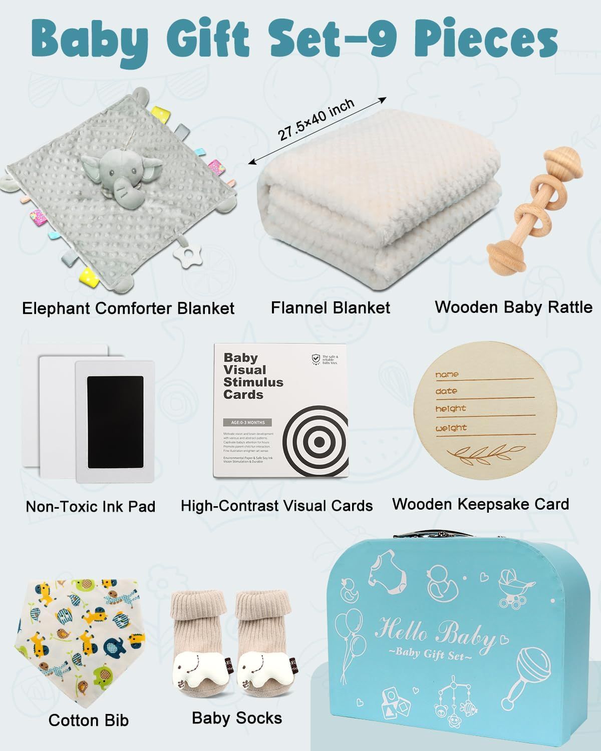 Shows all items included in the baby gift set to help shoppers understand the complete bundle they will receive.