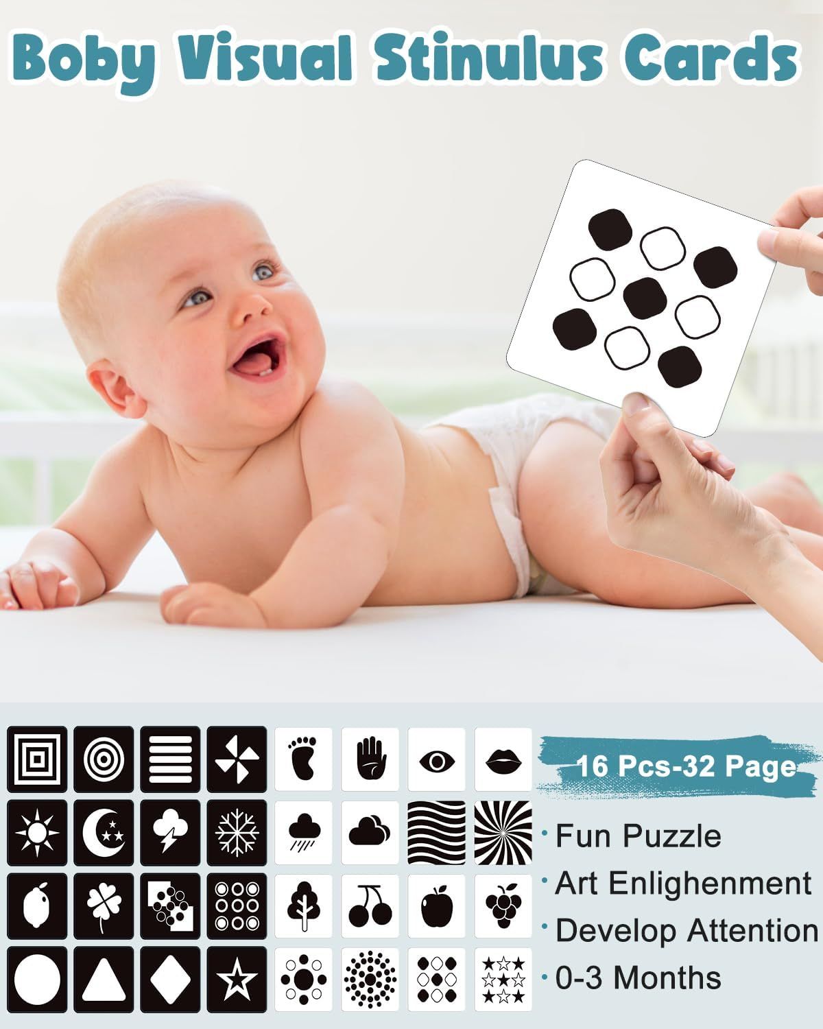 Highlights the high-contrast visual stimulus cards designed to develop baby's attention and cognitive skills during the 0-3 month age range.