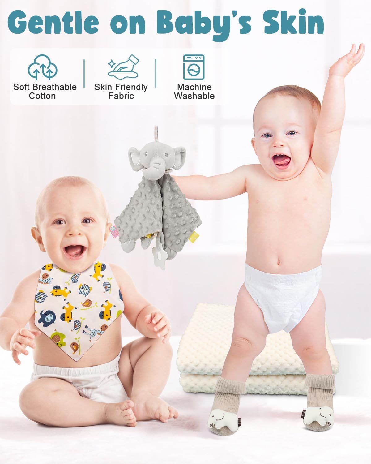 Showcases three distinct material and care benefits in a segmented layout to reassure parents about the product's gentleness and ease of maintenance.