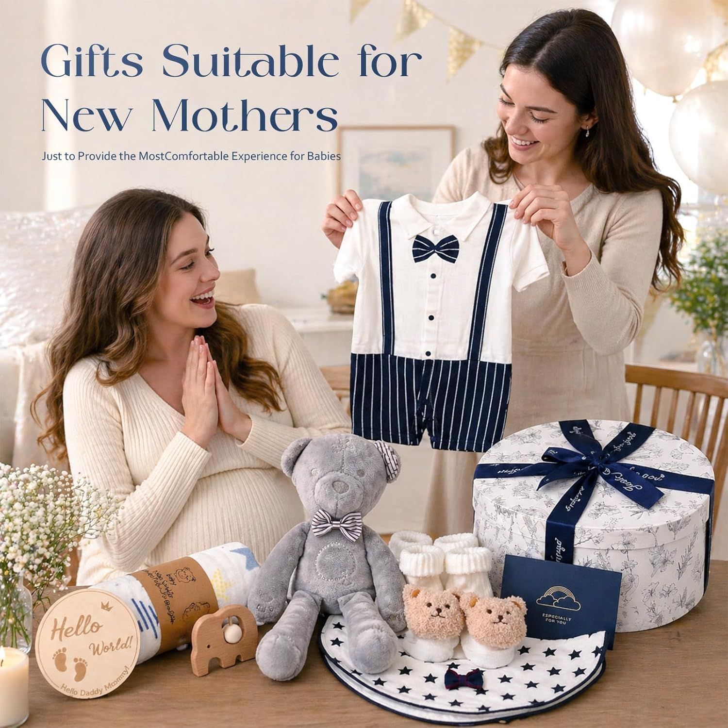 Positions the product as an ideal gift for new mothers with celebratory gifting context including wrapped box and emotional moment. Communicates the comprehensive nature of the gift set and its…