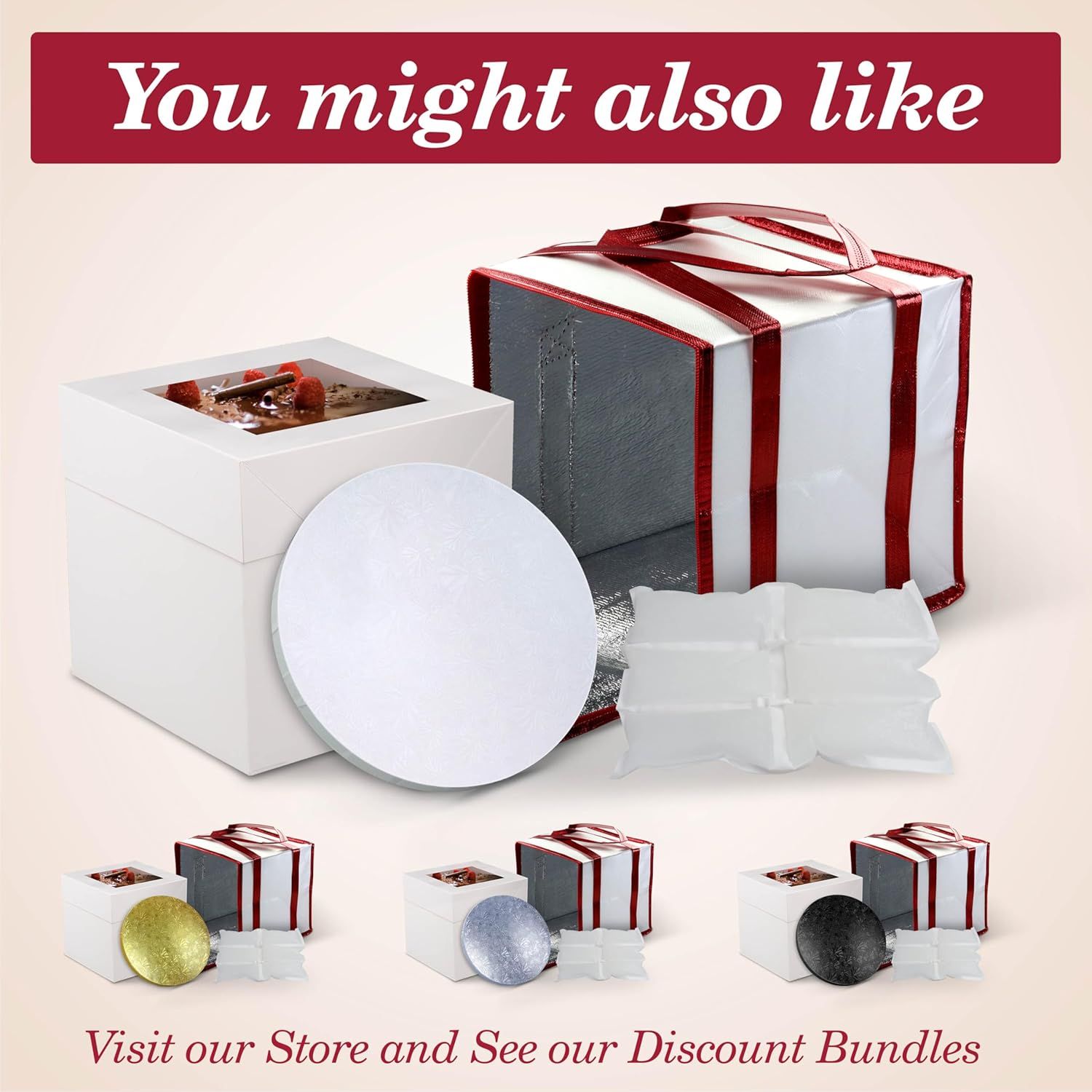 Showcases the brand's product line by displaying multiple related items (cake boxes, boards, and accessories) in different color options, encouraging shoppers to explore the full range and discount…
