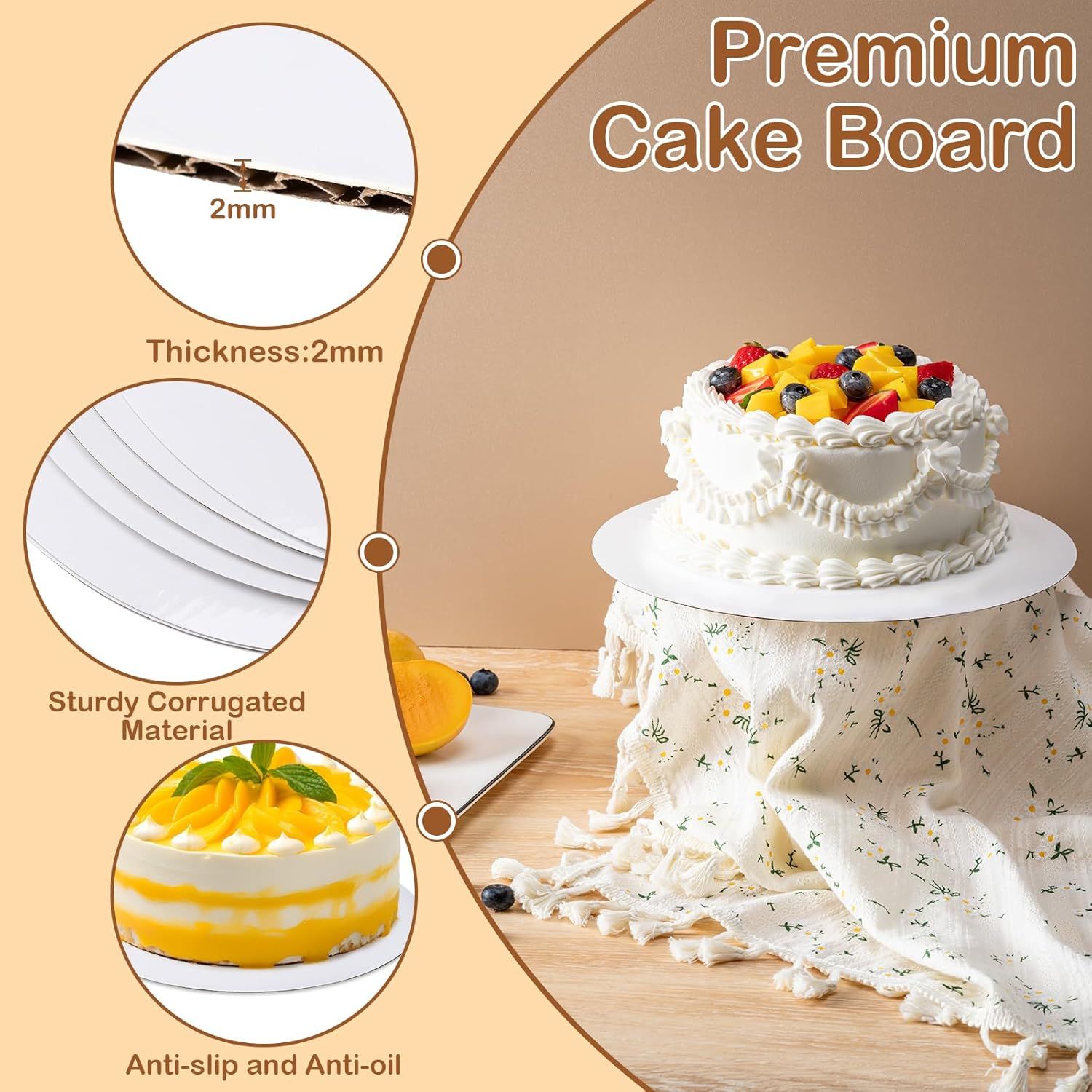 Breaks down the physical construction and material features of the premium cake board to demonstrate quality and functionality. Showcases multiple distinct benefits of the cake board including its…