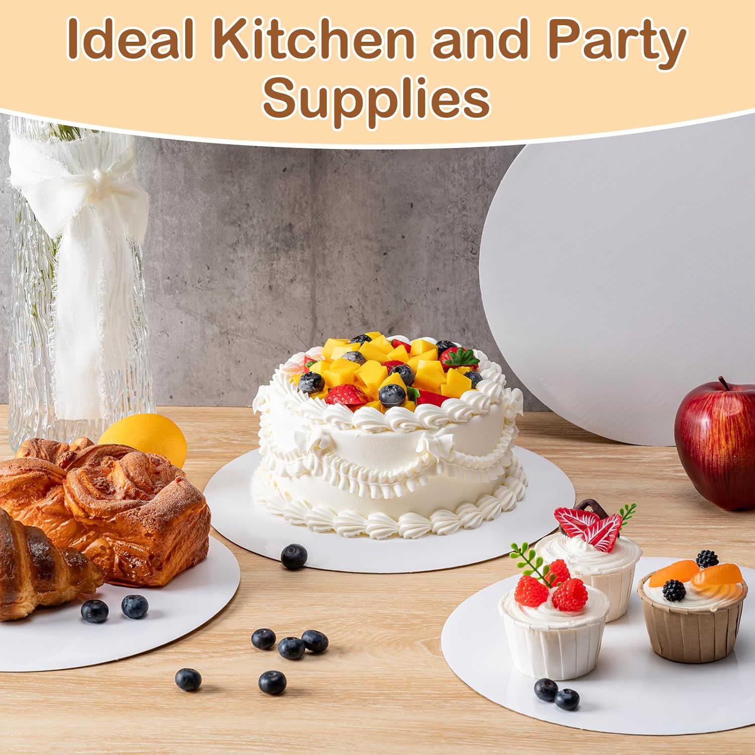 Shows the product's versatility for various baked goods and party settings, demonstrating it works for cakes, pastries, and other desserts.