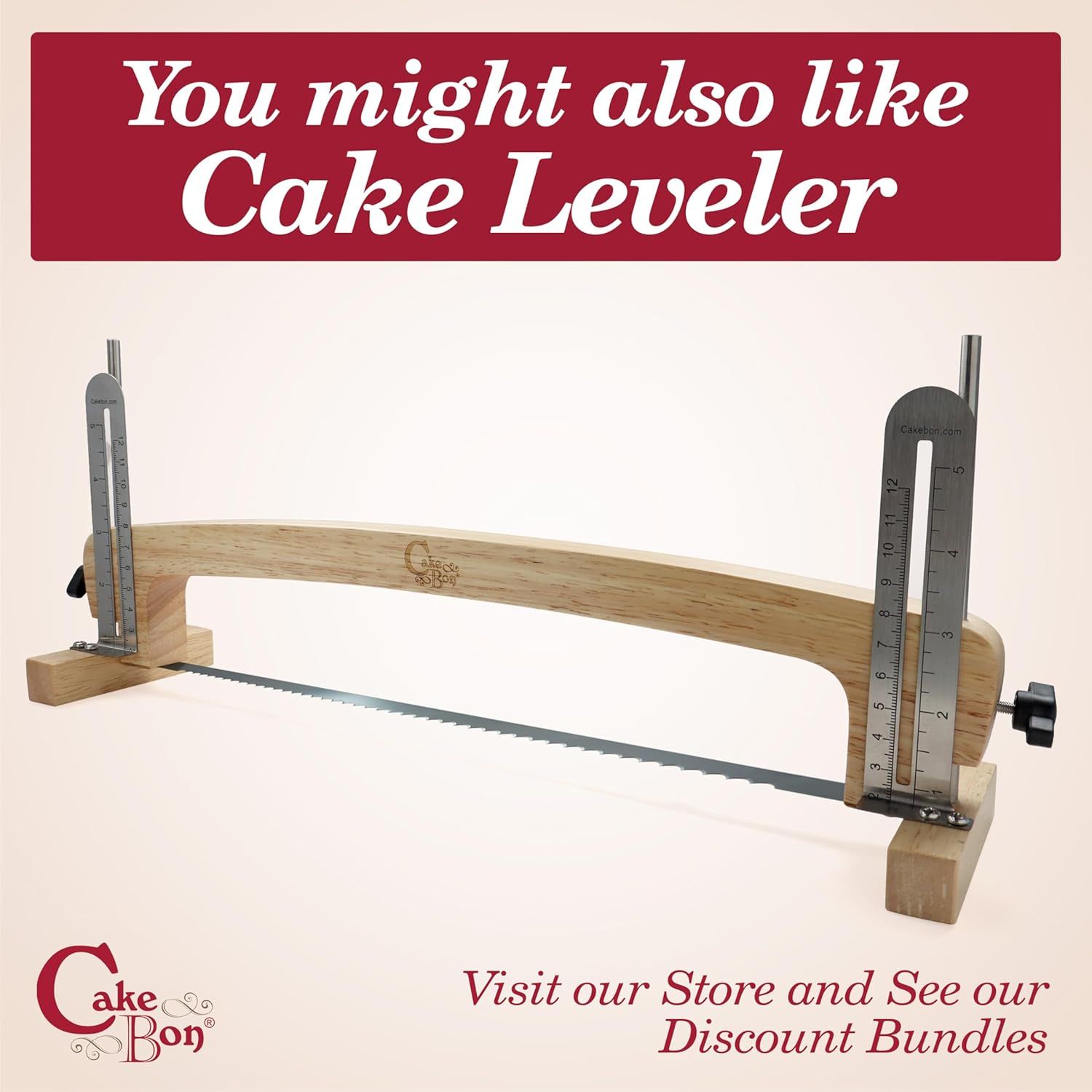 Promotes a related product from the same brand (Cake Leveler) and encourages shoppers to visit the store for discount bundles.