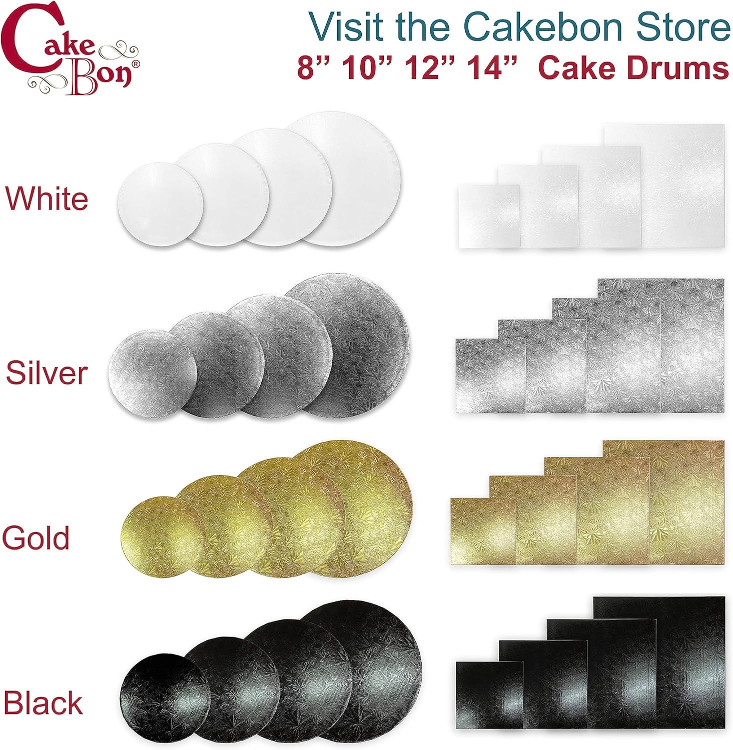 Displays the brand's full product lineup showing multiple size options (8, 10, 12, 14 inch) and color variants (White, Silver, Gold, Black) to help shoppers choose the right option for their needs.