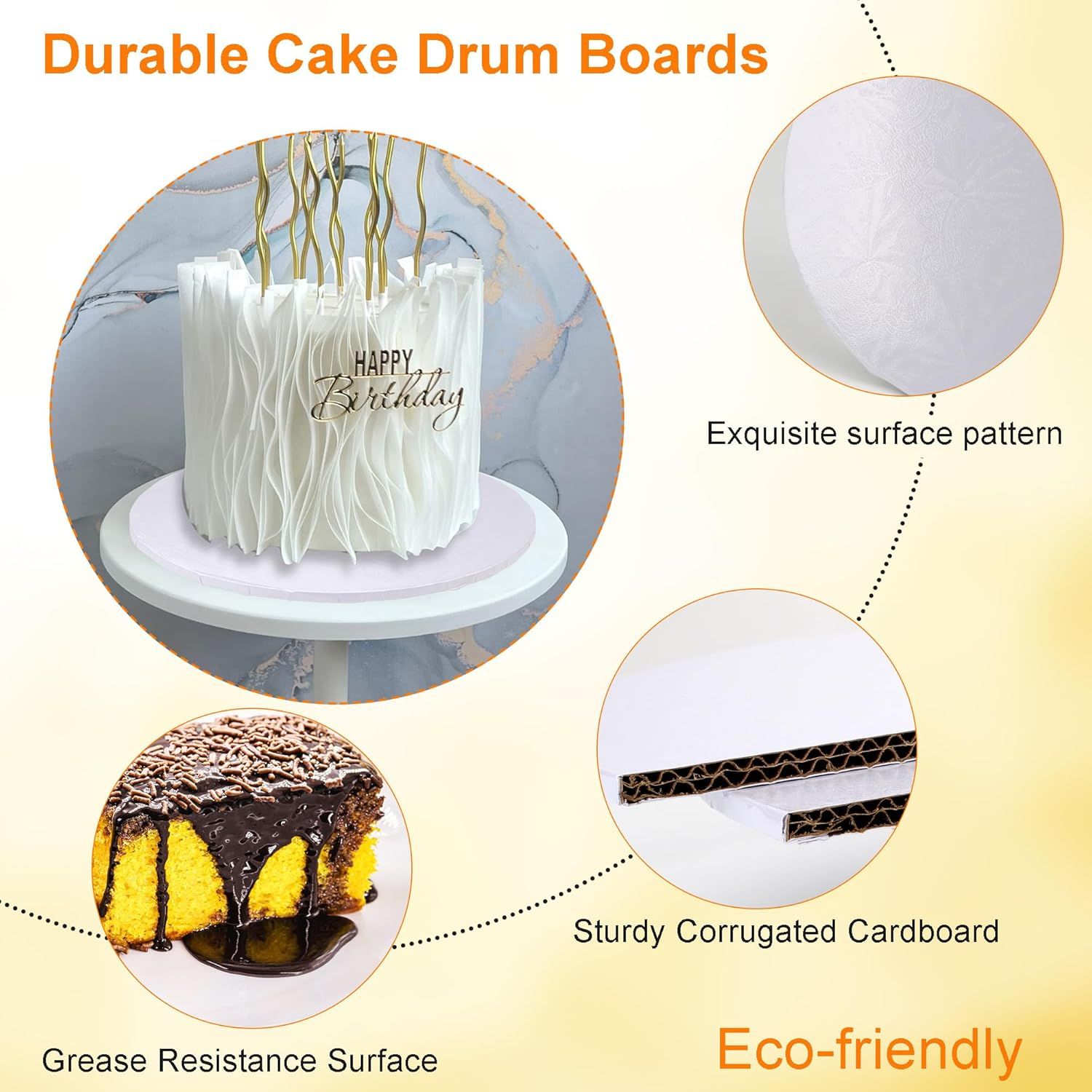 Showcases multiple distinct product benefits including durability, material quality, grease resistance, and environmental responsibility in a segmented layout.