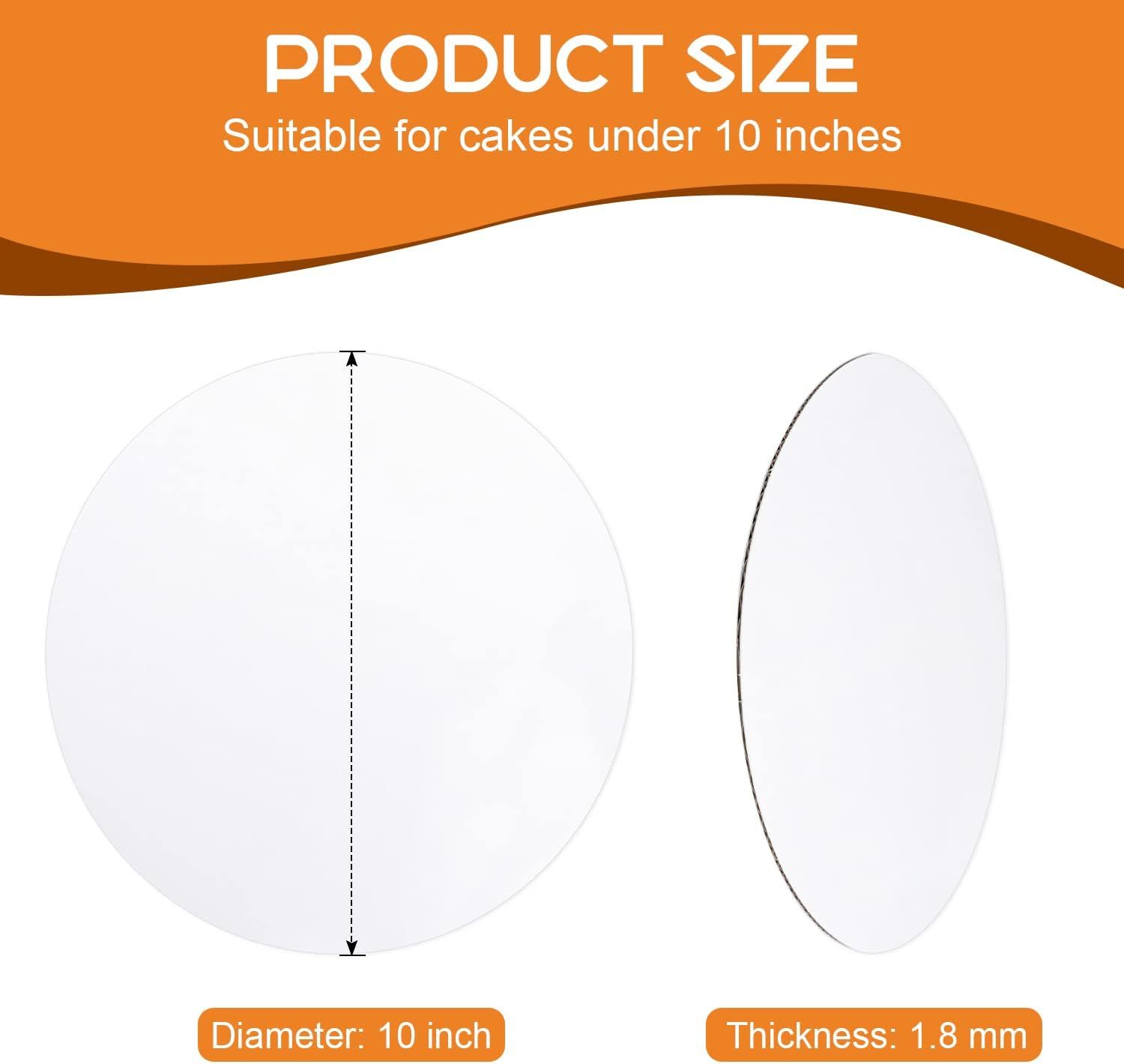 Communicates the exact physical dimensions of the cake base (10 inch diameter, 1.8 mm thickness) to help shoppers understand the product size and suitability for cakes under 10 inches.
