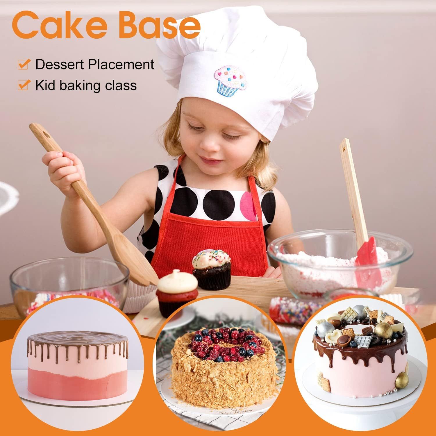 Demonstrates multiple use cases for the cake base including dessert placement and kid baking activities, showing versatility across different baking scenarios.
