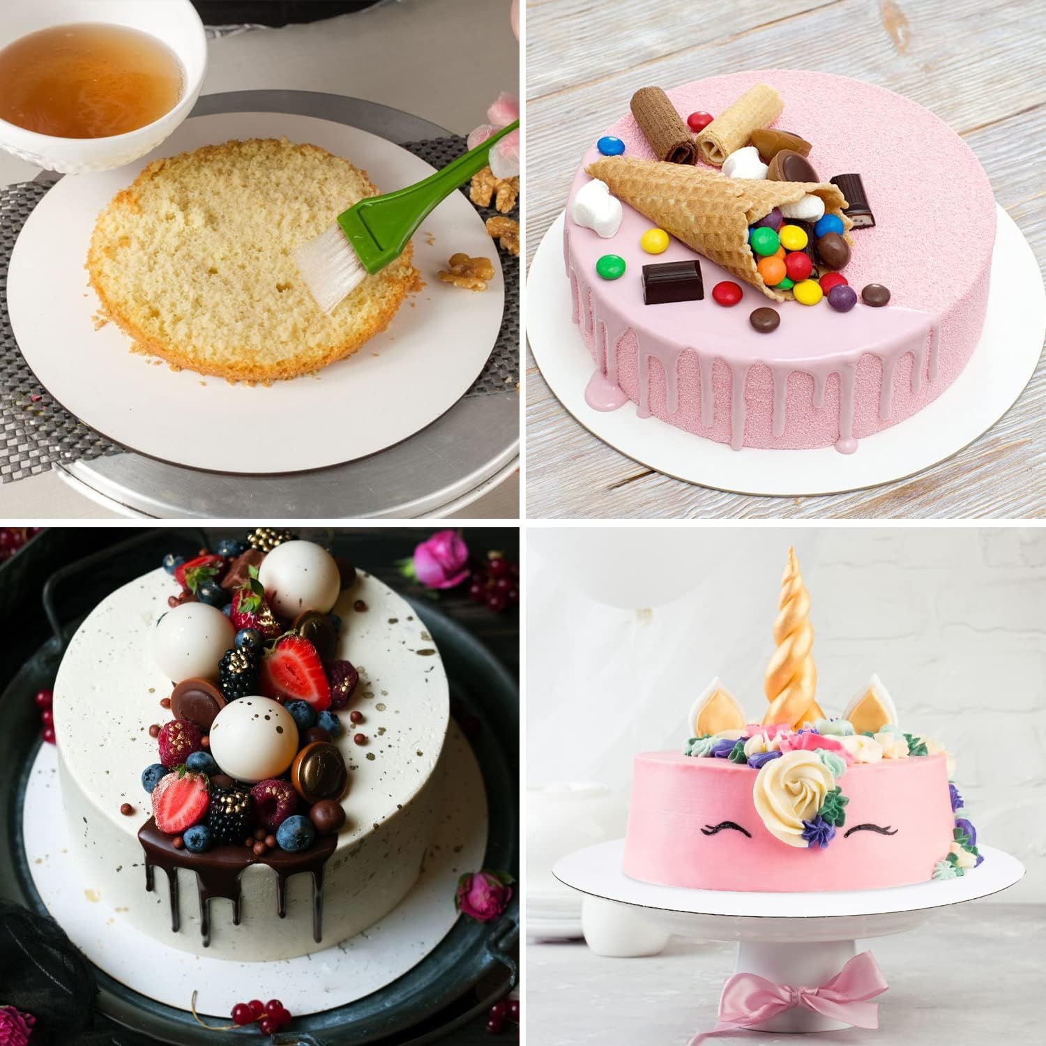 Showcases the cake base supporting various cake designs and decorating styles in a multi-panel layout to demonstrate versatility and inspire creative use.