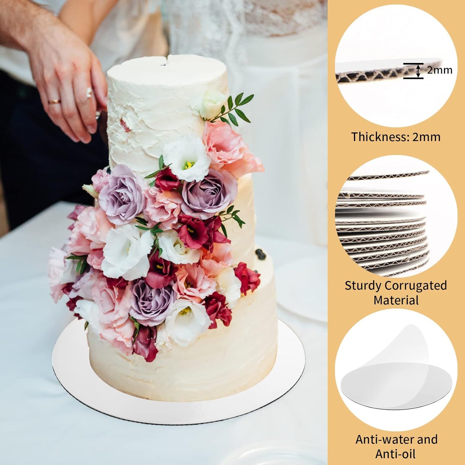 Breaks down the physical construction and material properties of the cake board to reassure shoppers of its quality and durability. Highlights multiple distinct benefits of the cake board in a…