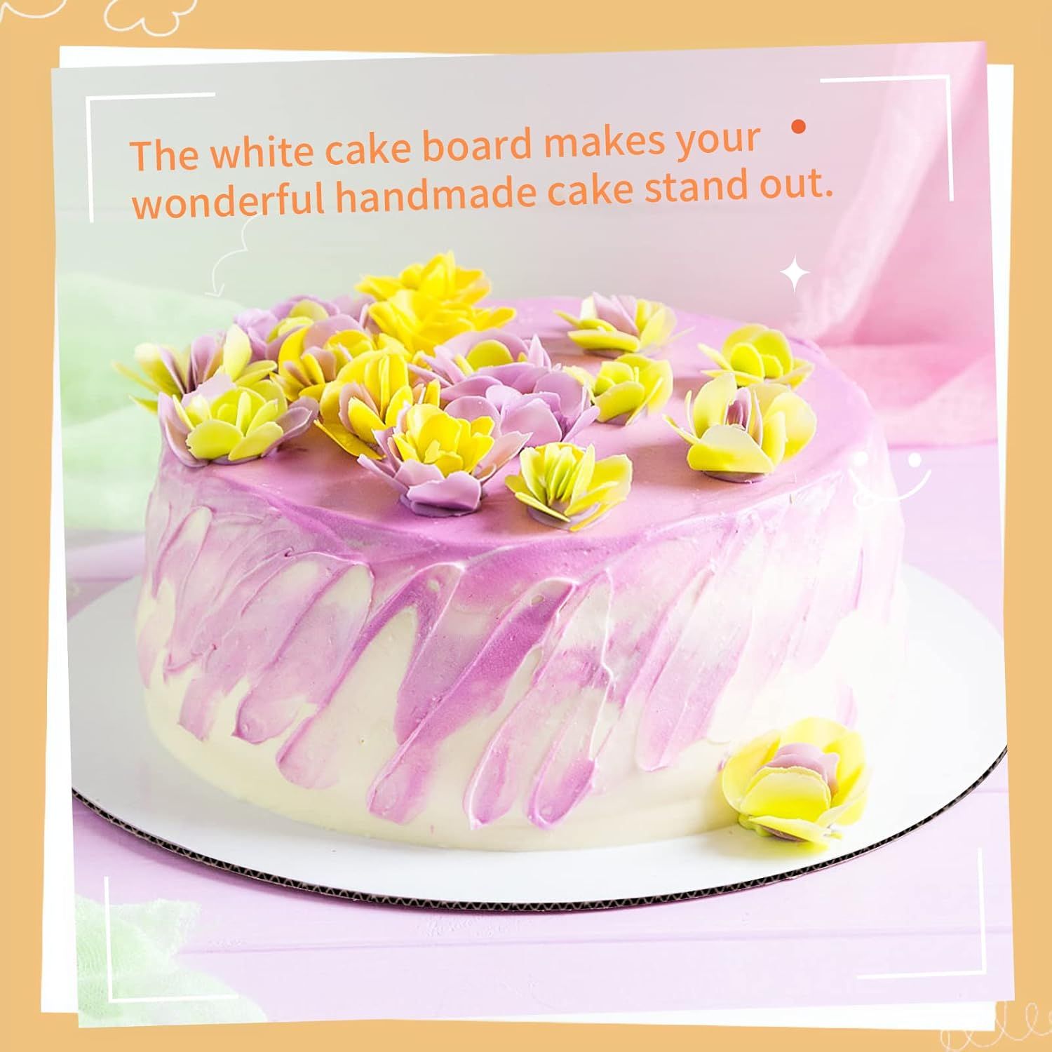 Communicates that the white cake board enhances the visual appeal and presentation quality of homemade cakes.