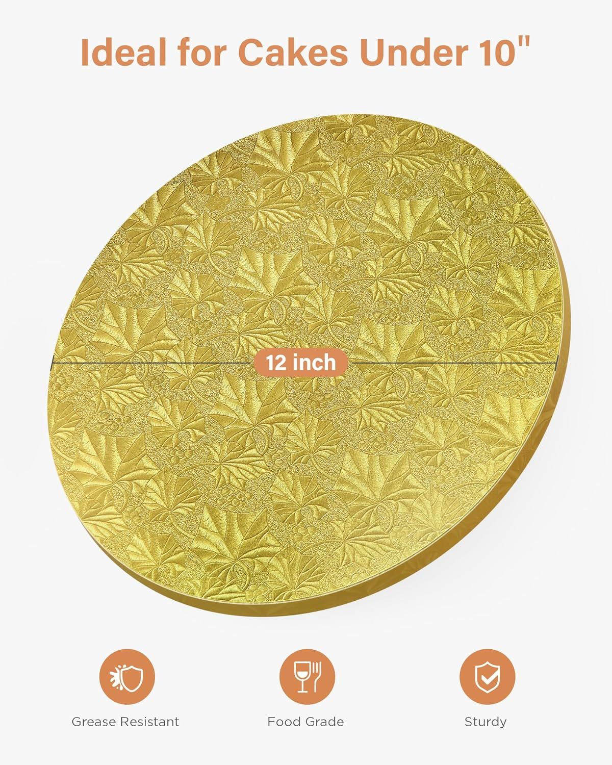 Shows the physical dimensions of the cake drum and communicates its suitability for cakes under 10 inches in diameter. Highlights three distinct product benefits through icon-based callouts at the…