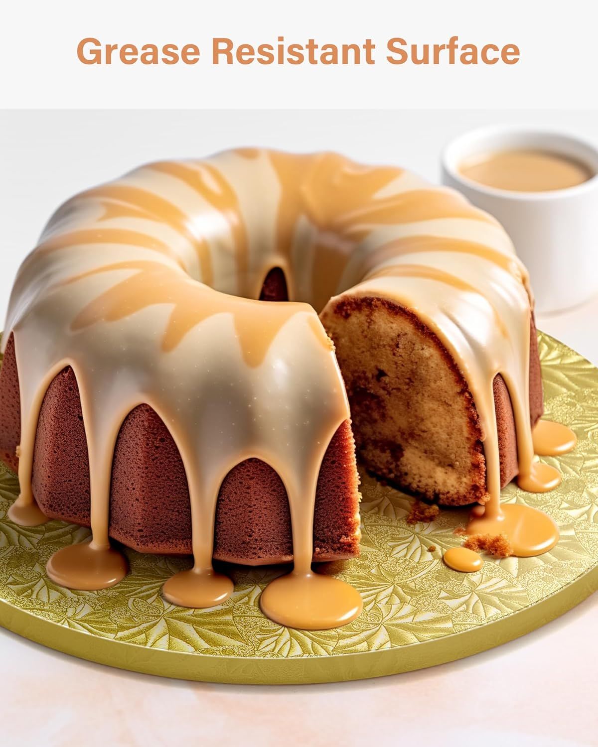 Demonstrates the grease-resistant property of the cake board by showing it in use with a glazed cake, reassuring shoppers that the surface can handle messy toppings.