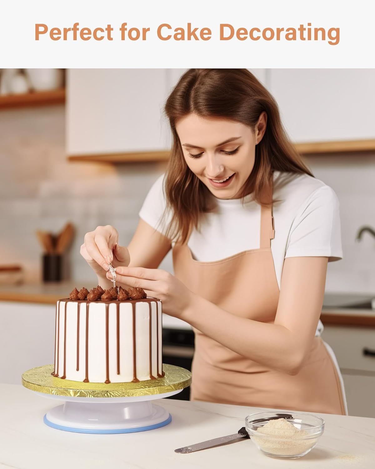 Shows the product in use during cake decorating, communicating its suitability and reliability for professional and home baking applications.