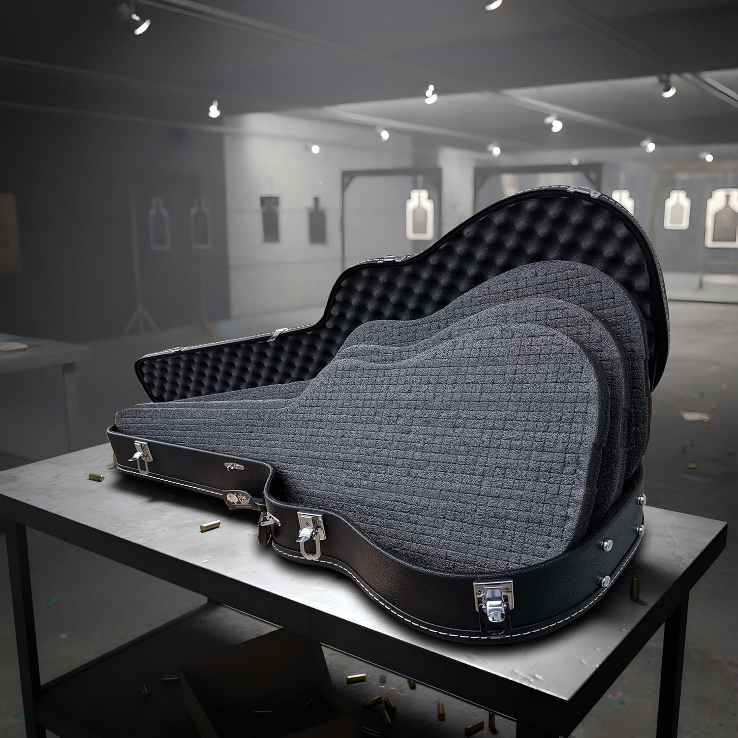 Shows the guitar case in a realistic environment to help shoppers visualize the product in use.