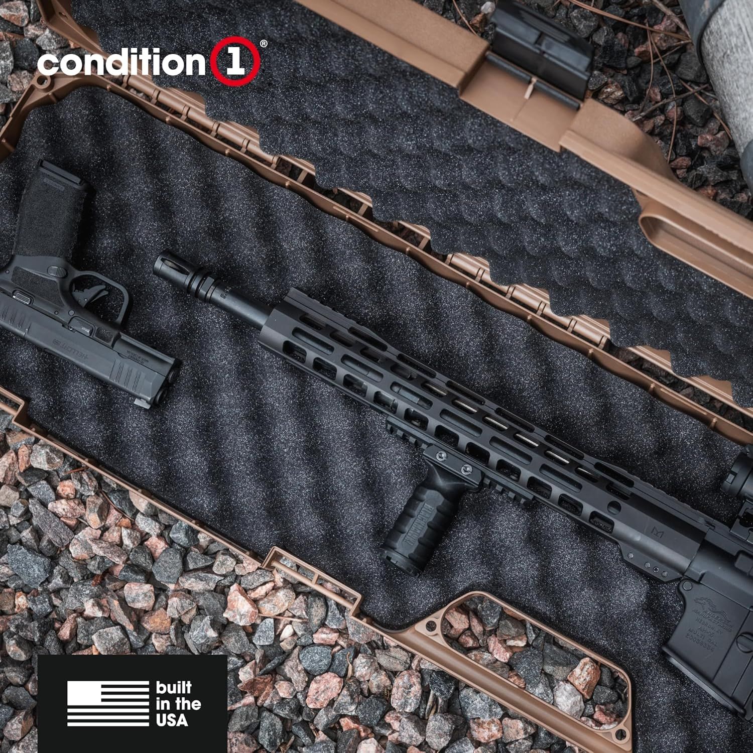 Shows the case in a real-world outdoor setting with firearms, helping shoppers visualize the product in use without any text overlay.