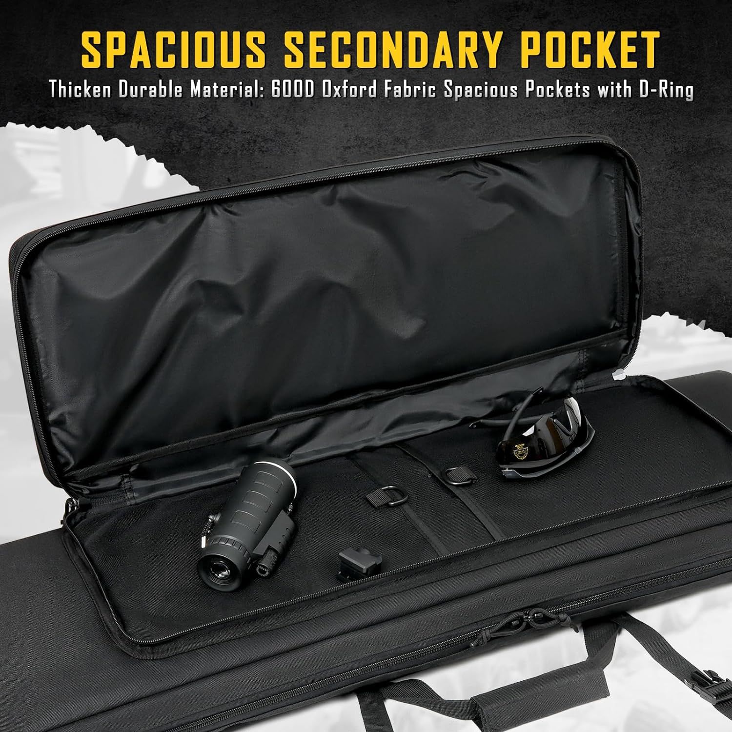 Showcases the interior secondary pocket and premium material construction, reassuring shoppers of the product's storage capacity and durability.