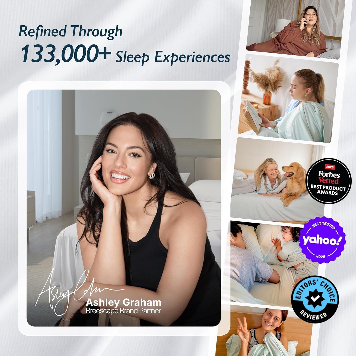 Builds trust and social proof by showcasing real customer experiences and a celebrity brand partner endorsement with multiple lifestyle photos. Reinforces credibility through third-party media…