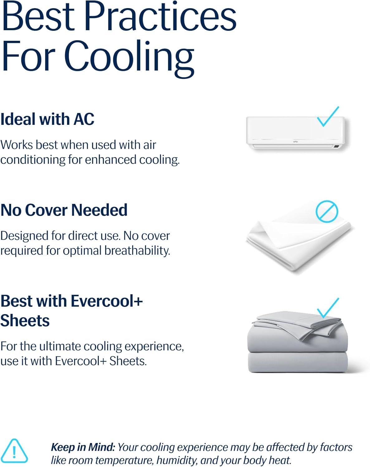 Provides usage guidance on how to maximize the cooling benefits of the product, including pairing with AC and compatible sheets for optimal performance.