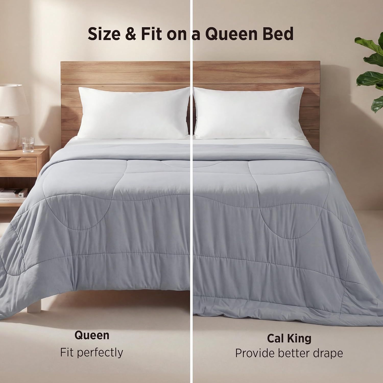 Demonstrates how the product fits on different bed sizes (Queen vs. Cal King) to help shoppers choose the right size for their bed.