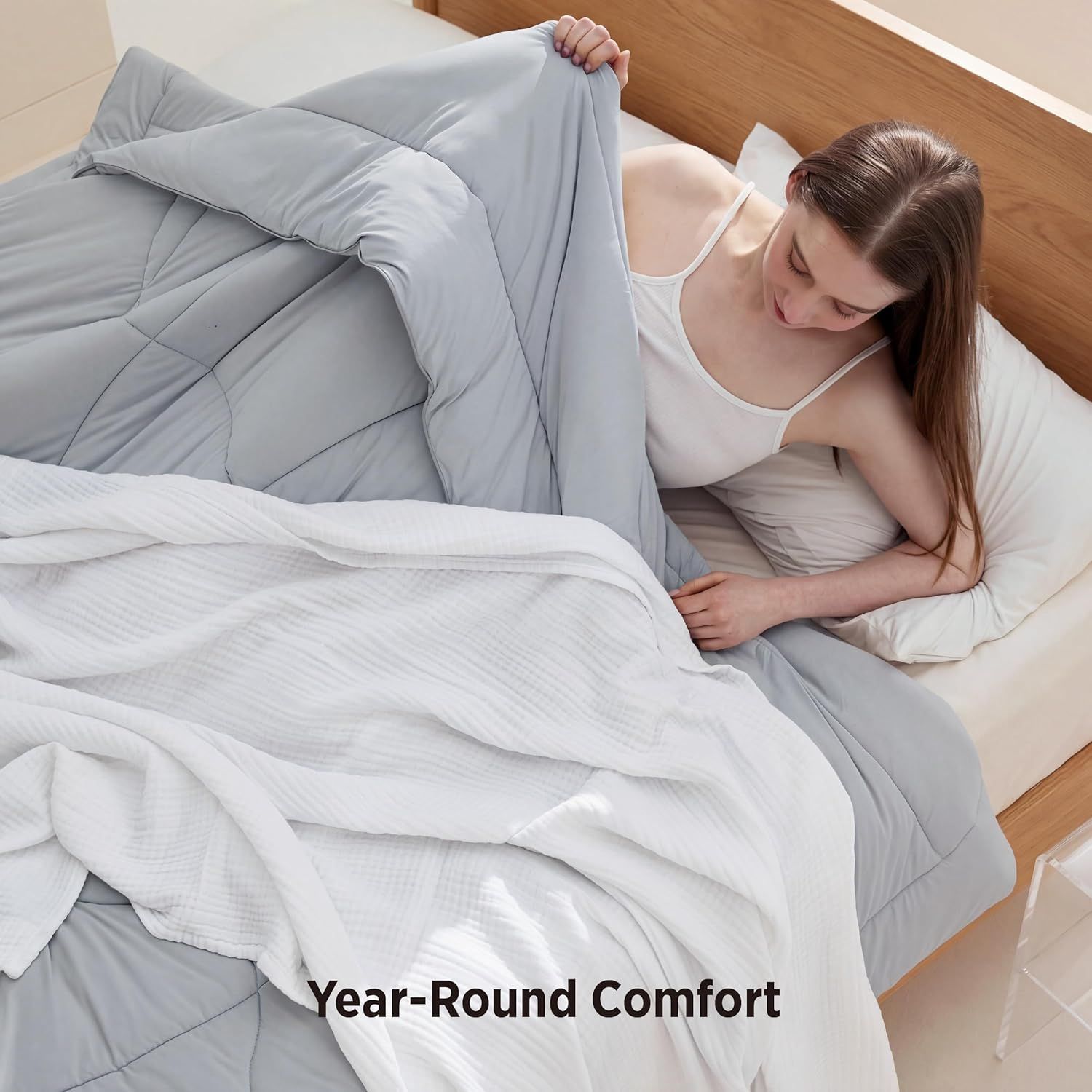 Communicates that the product provides comfort throughout all seasons, reassuring shoppers of its versatility and year-round value.