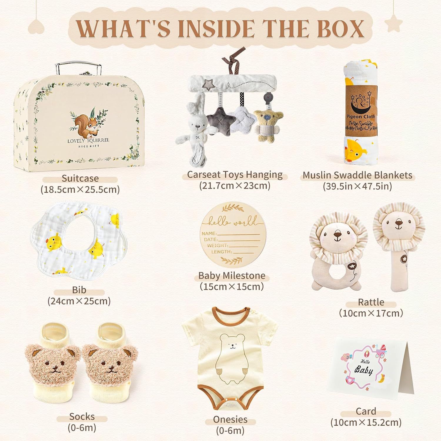 Shows all items included in the baby gift set to help shoppers understand the full value and variety of products they will receive.