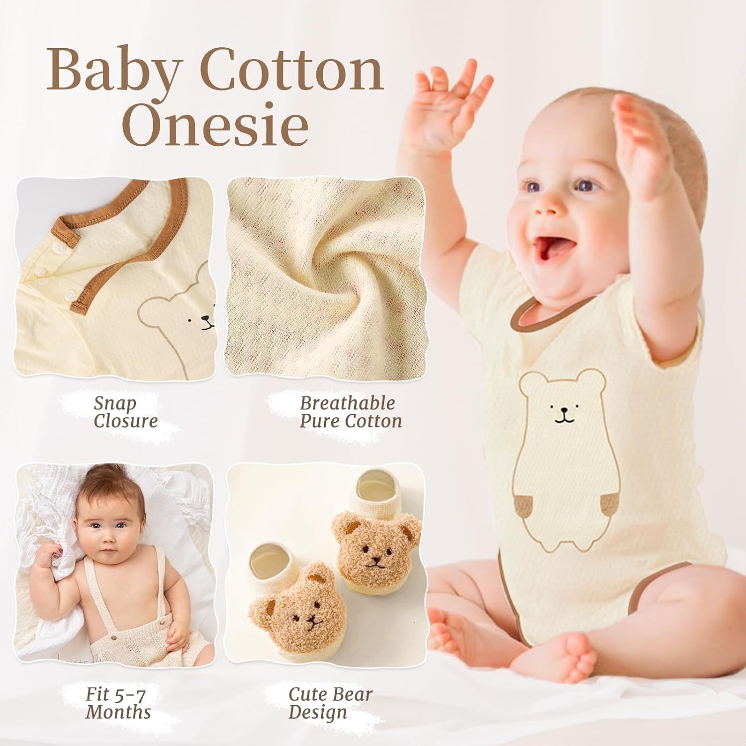 Highlights multiple distinct benefits of the baby cotton onesie through a segmented layout showing closure type, fabric quality, sizing, and design appeal.