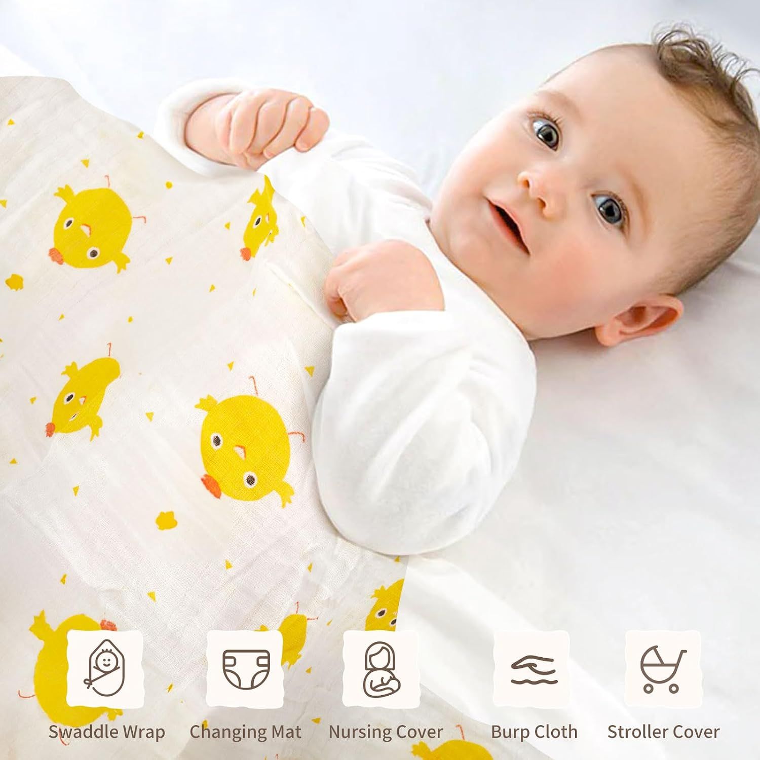 Demonstrates the versatility of the muslin blanket by showing five different ways it can be used in baby care scenarios.