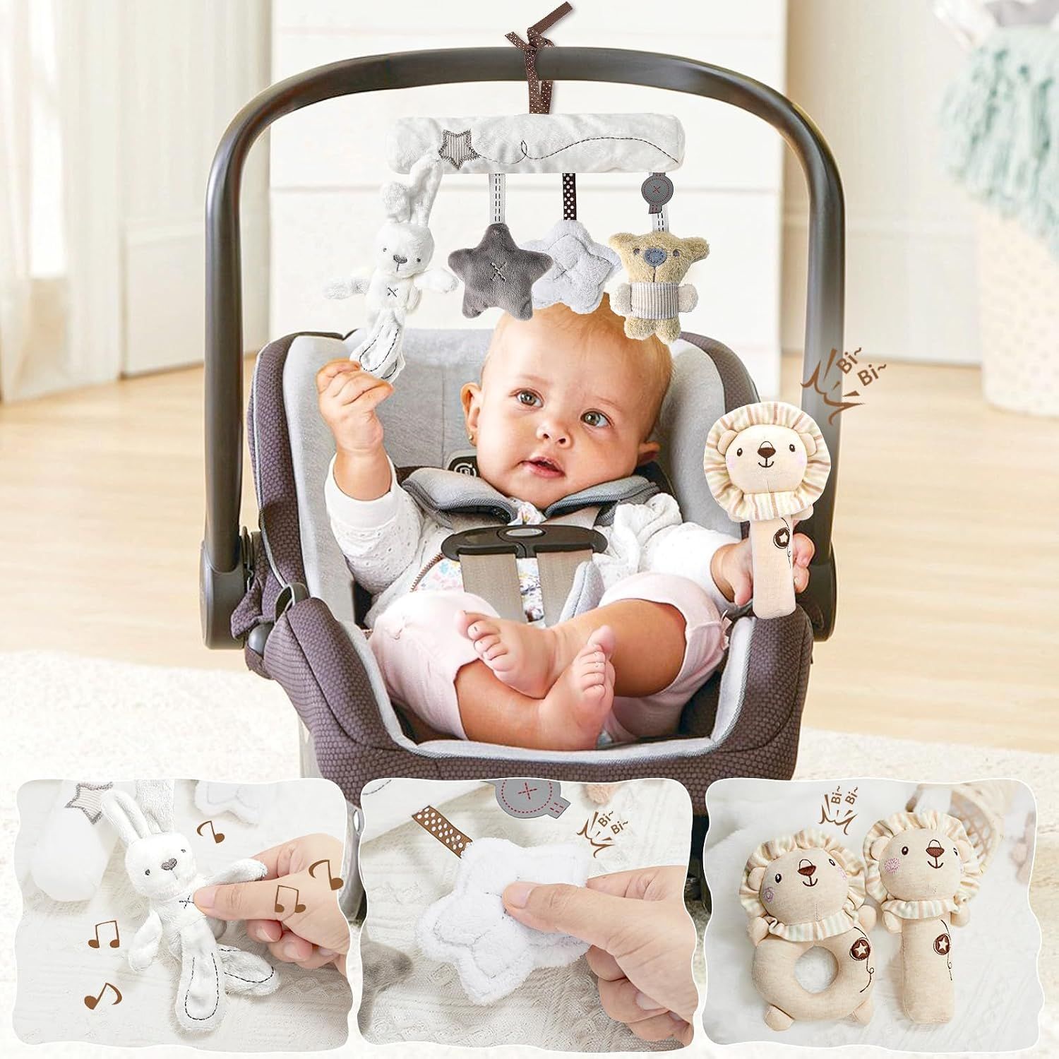 Showcases multiple features of the carseat hanging toys through a main lifestyle photo and segmented detail panels highlighting different interactive elements.