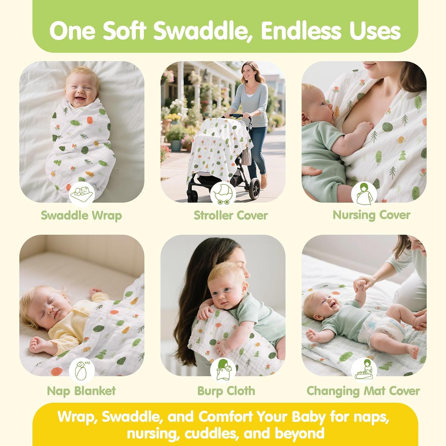 Demonstrates the multiple use cases and versatility of the swaddle blanket across different parenting scenarios to show its value and practicality.
